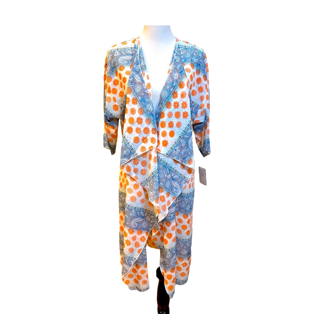 LuLaRoe Shirley Kimono Size M Orange Blue Sheer